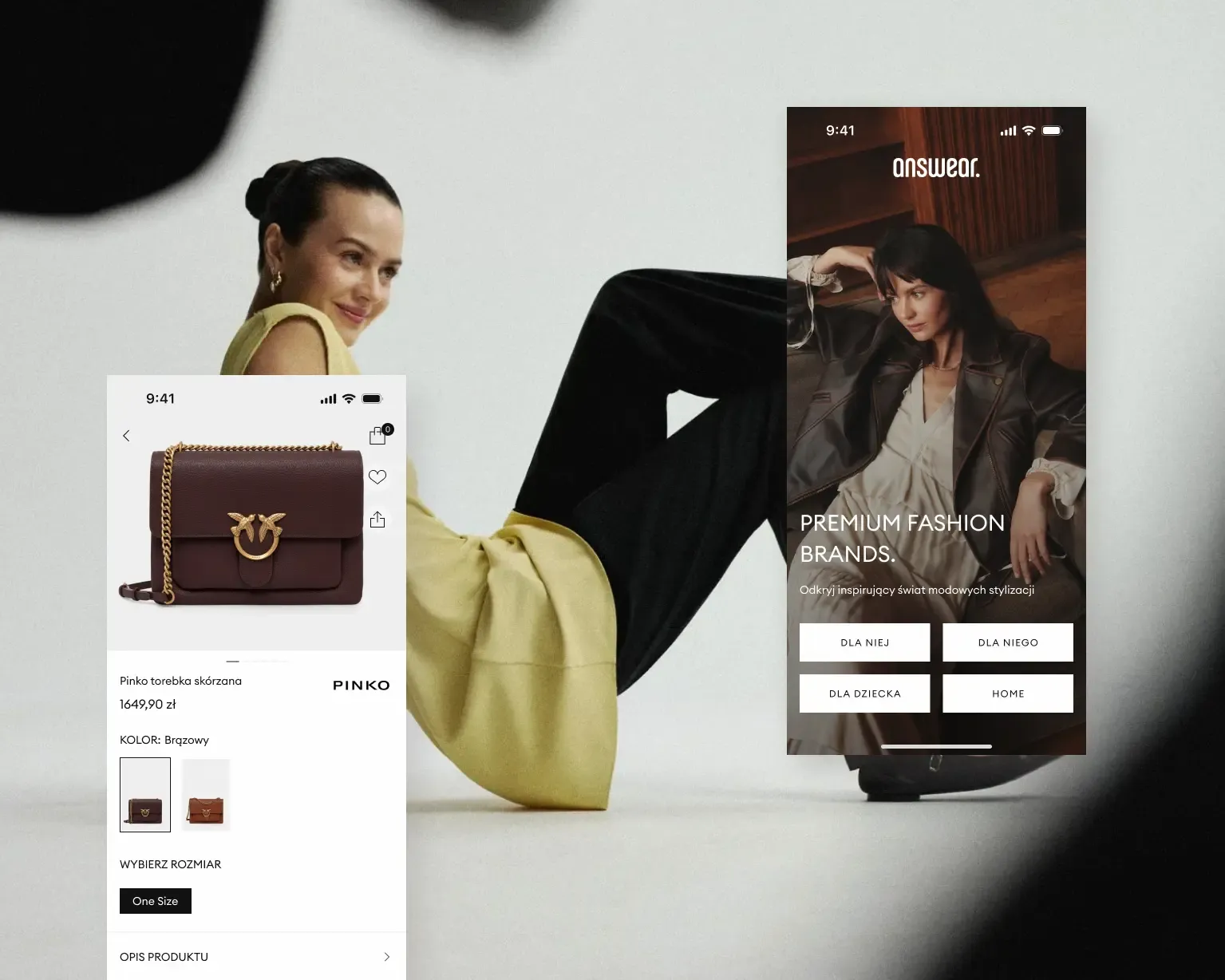 Two Answear app screens — a Pinko bag product page and a "Premium fashion brands" welcome screen — over a fashion photo